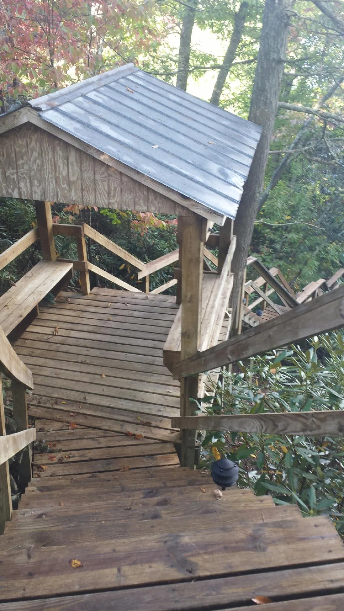 Metal roofed shelter over wooden steps on a wooded walkway — Skylight Repair & Installation work by our crew in Pittsford